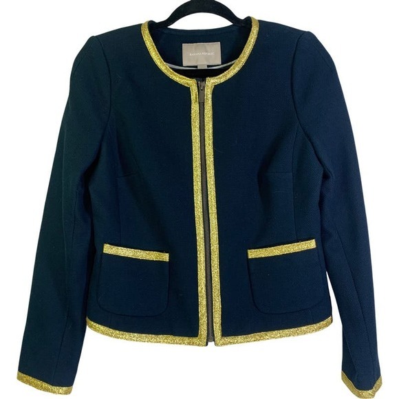 BANANA REPUBLIC Full Zip Navy W/Gold Metallic Lined‎ Front Pocket Blazer - Picture 1 of 15